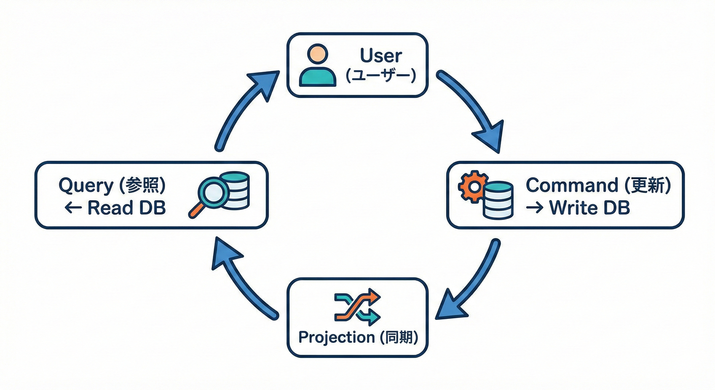 A simplified map of the CQRS data flow.
