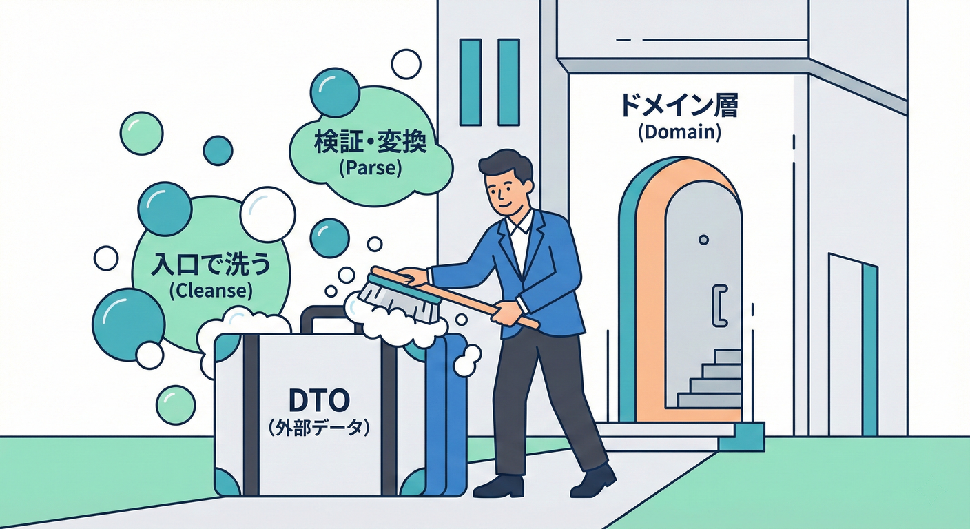 入口で汚れを落とすイメージ:DTO(外の汚れ)を洗ってドメイン(中)へ