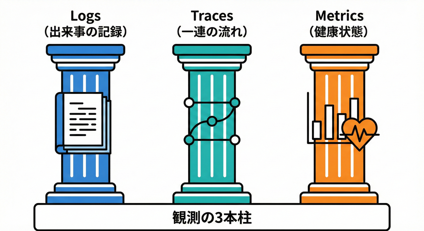 観測の3本柱：Logs, Traces, Metrics