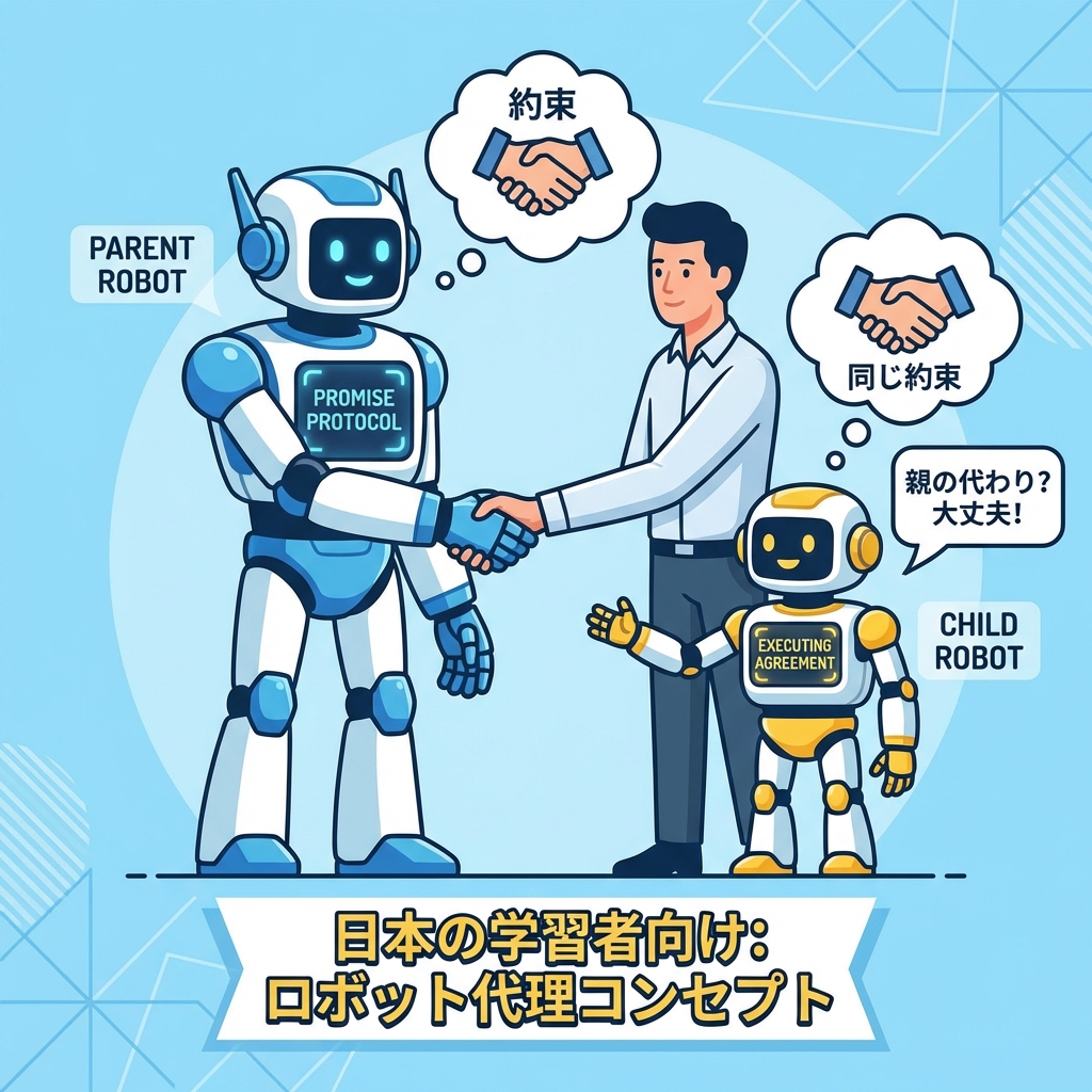 Parent Robot shaking hands with human, Child Robot ready to do the same.