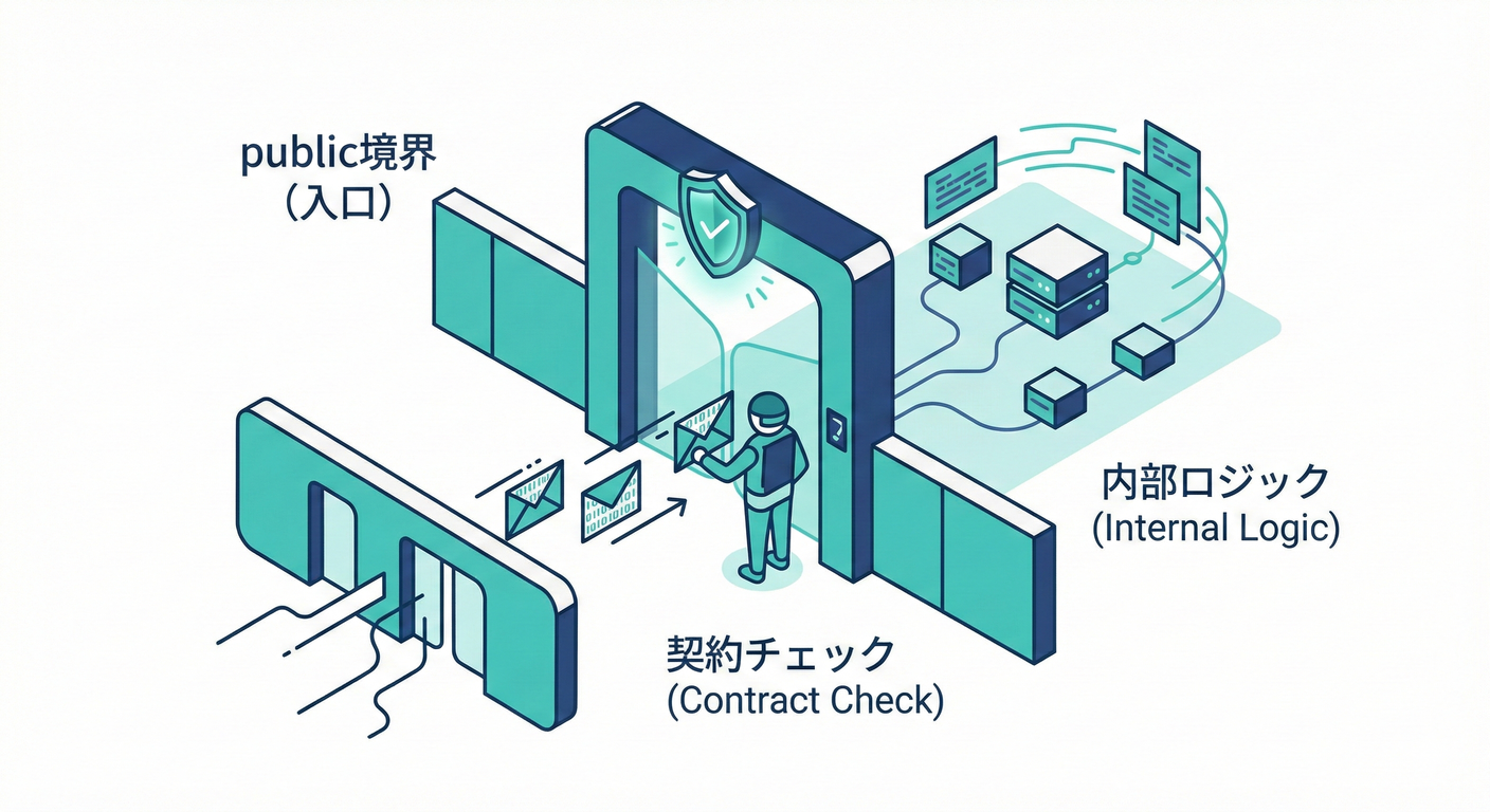 入口（public境界）で契約を守るイメージ