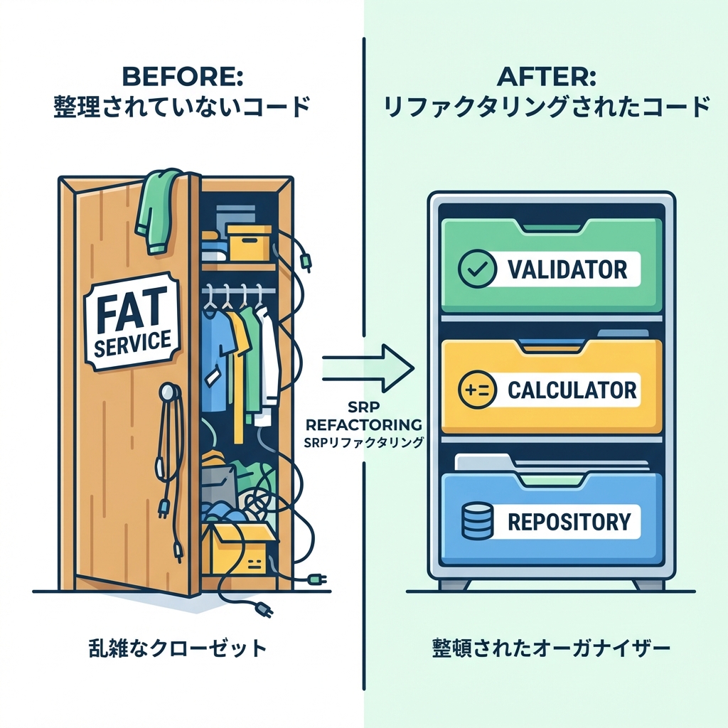 Before: messy closet labeled 'Fat Service'. After: neat organizer labeled 'Validator', 'Calculator', 'Repository'.
