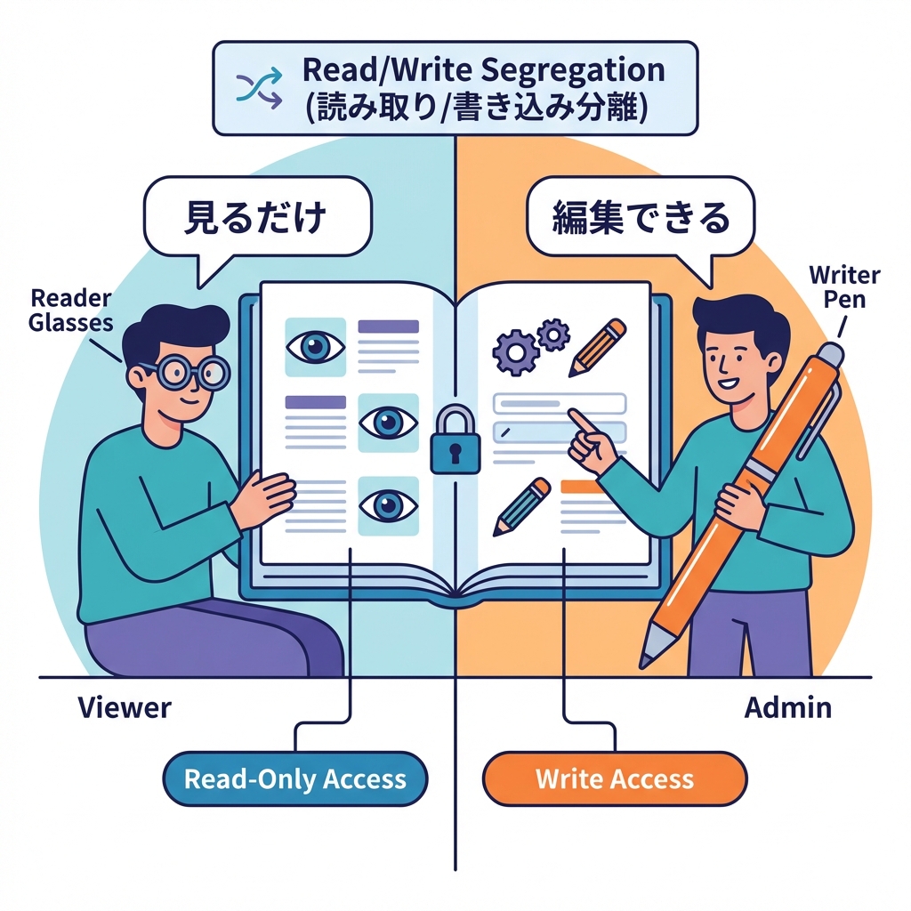 Viewer with Reader Glasses vs Admin with Writer Pen. Read/Write segregation.