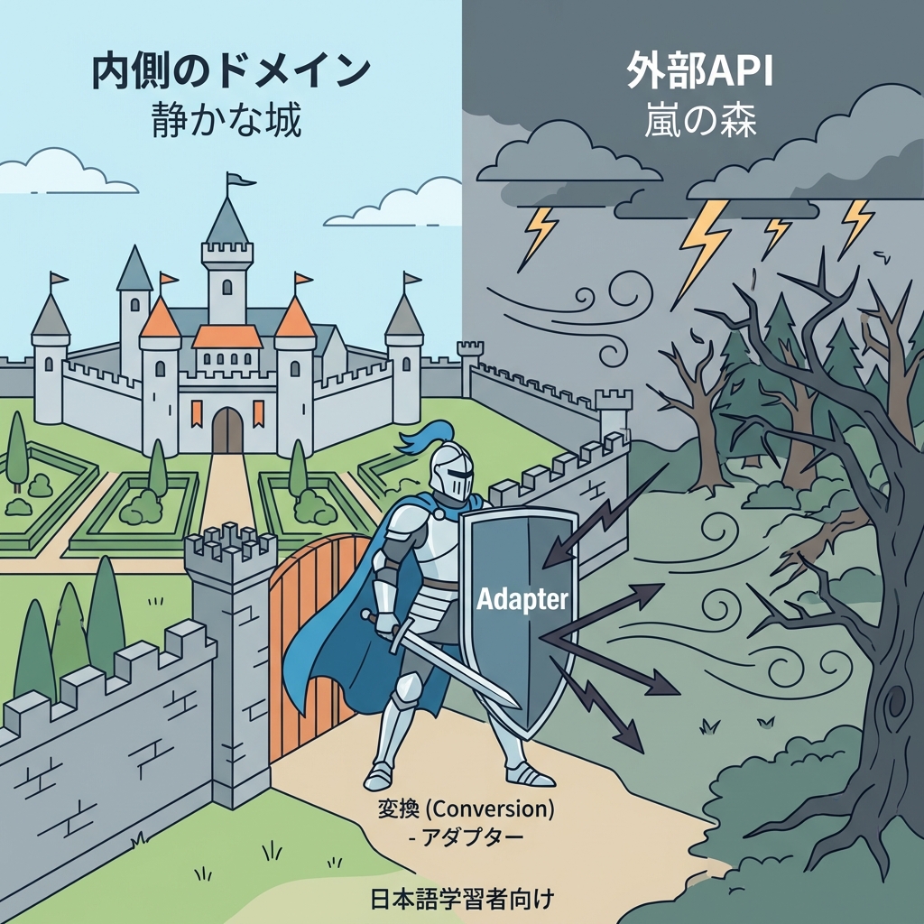 Knight with Adapter Shield protecting Castle from External API Storm.